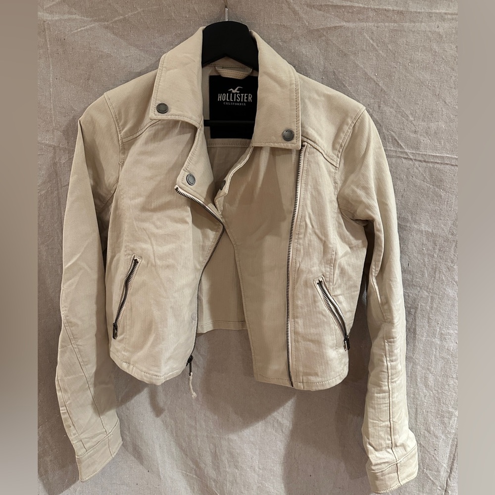 Hollister cropped jacket canvas moto cream XS